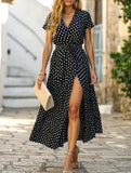 Bohemian V-Neck Polka Dot Dress – Short Sleeve, Flowy Fit, S–3XL