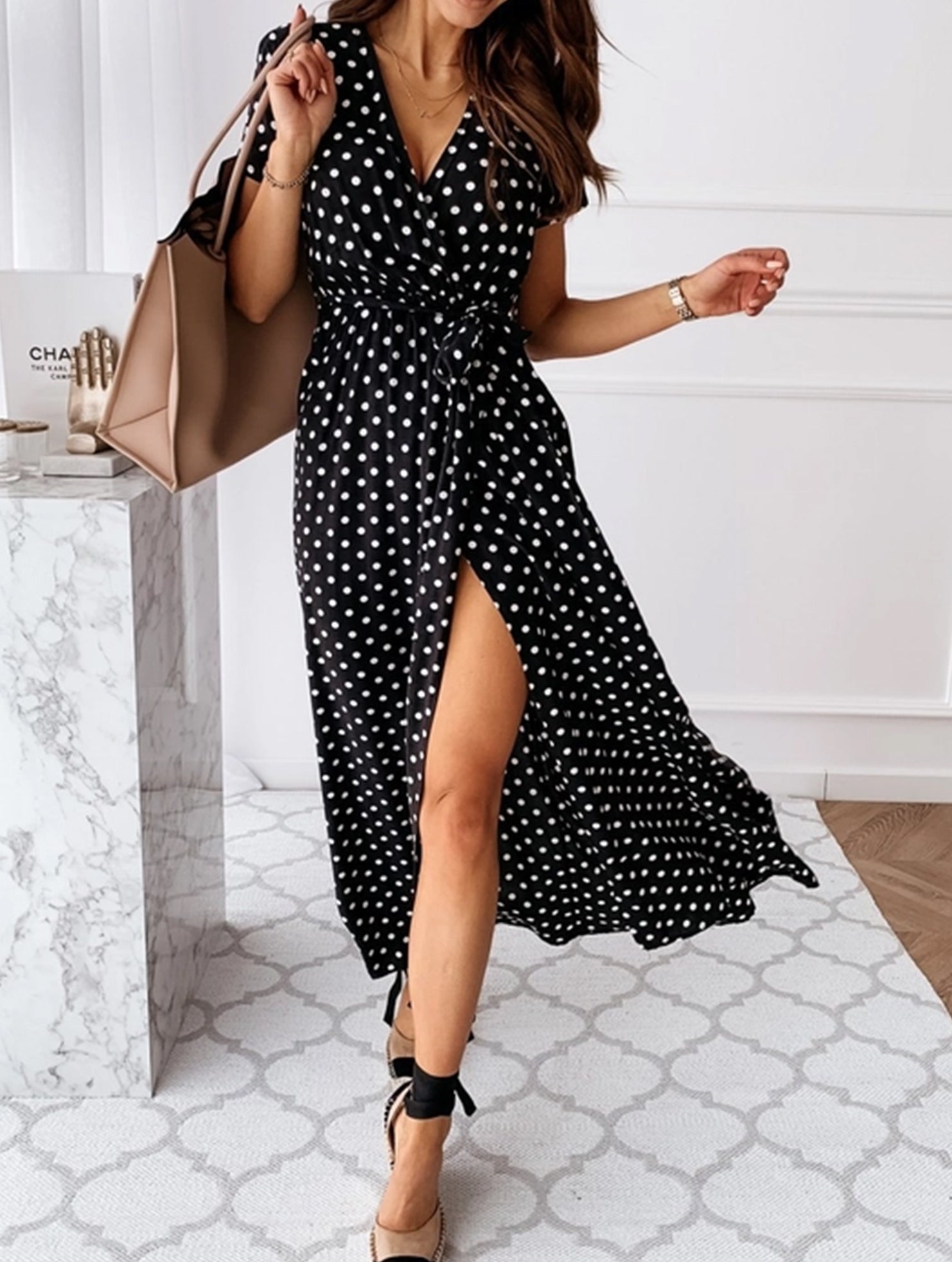 Bohemian V-Neck Polka Dot Dress – Short Sleeve, Flowy Fit, S–3XL