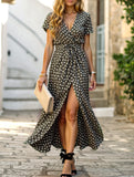 Bohemian V-Neck Polka Dot Dress – Short Sleeve, Flowy Fit, S–3XL