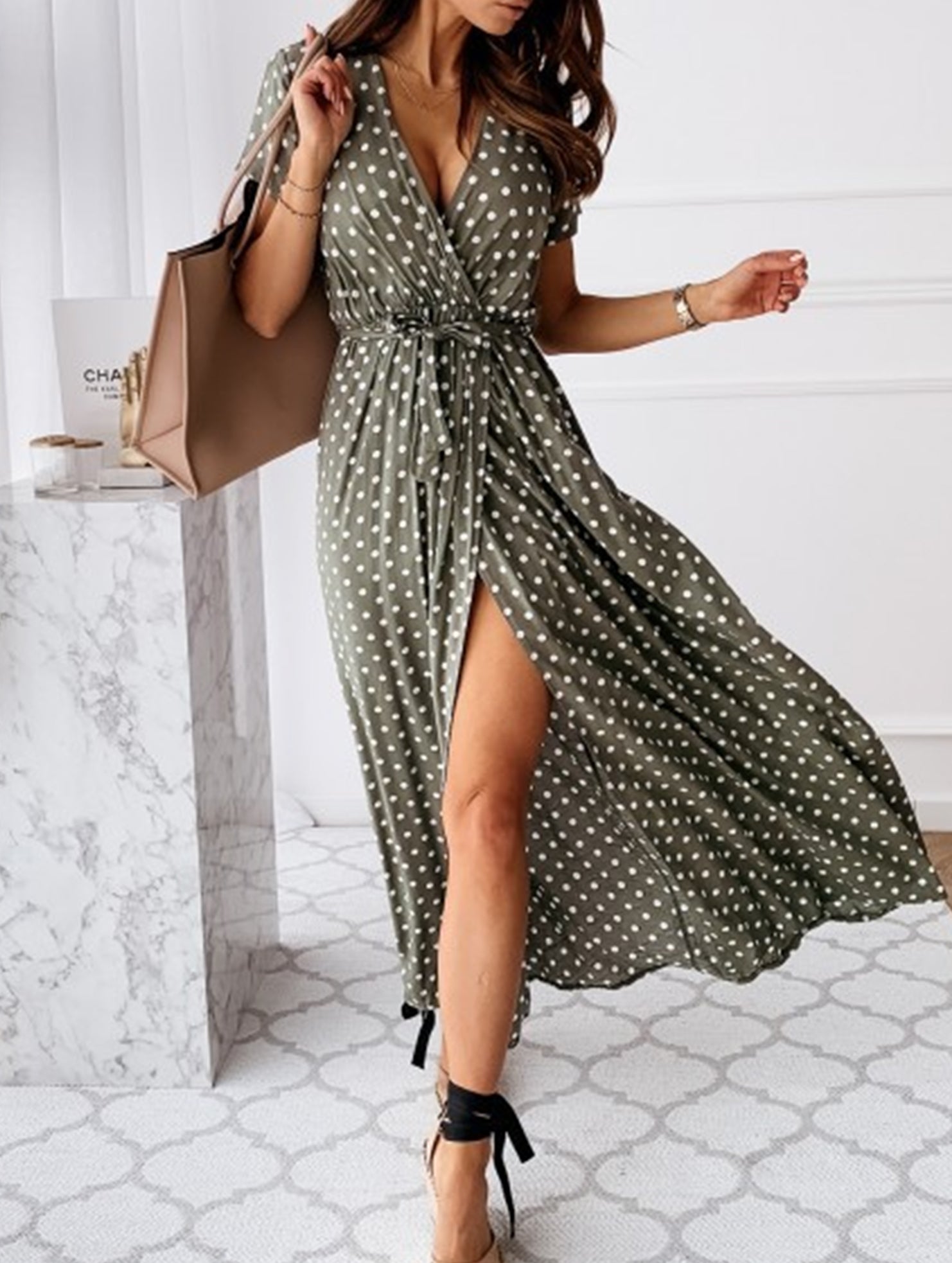 Bohemian V-Neck Polka Dot Dress – Short Sleeve, Flowy Fit, S–3XL