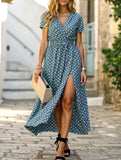 Bohemian V-Neck Polka Dot Dress – Short Sleeve, Flowy Fit, S–3XL