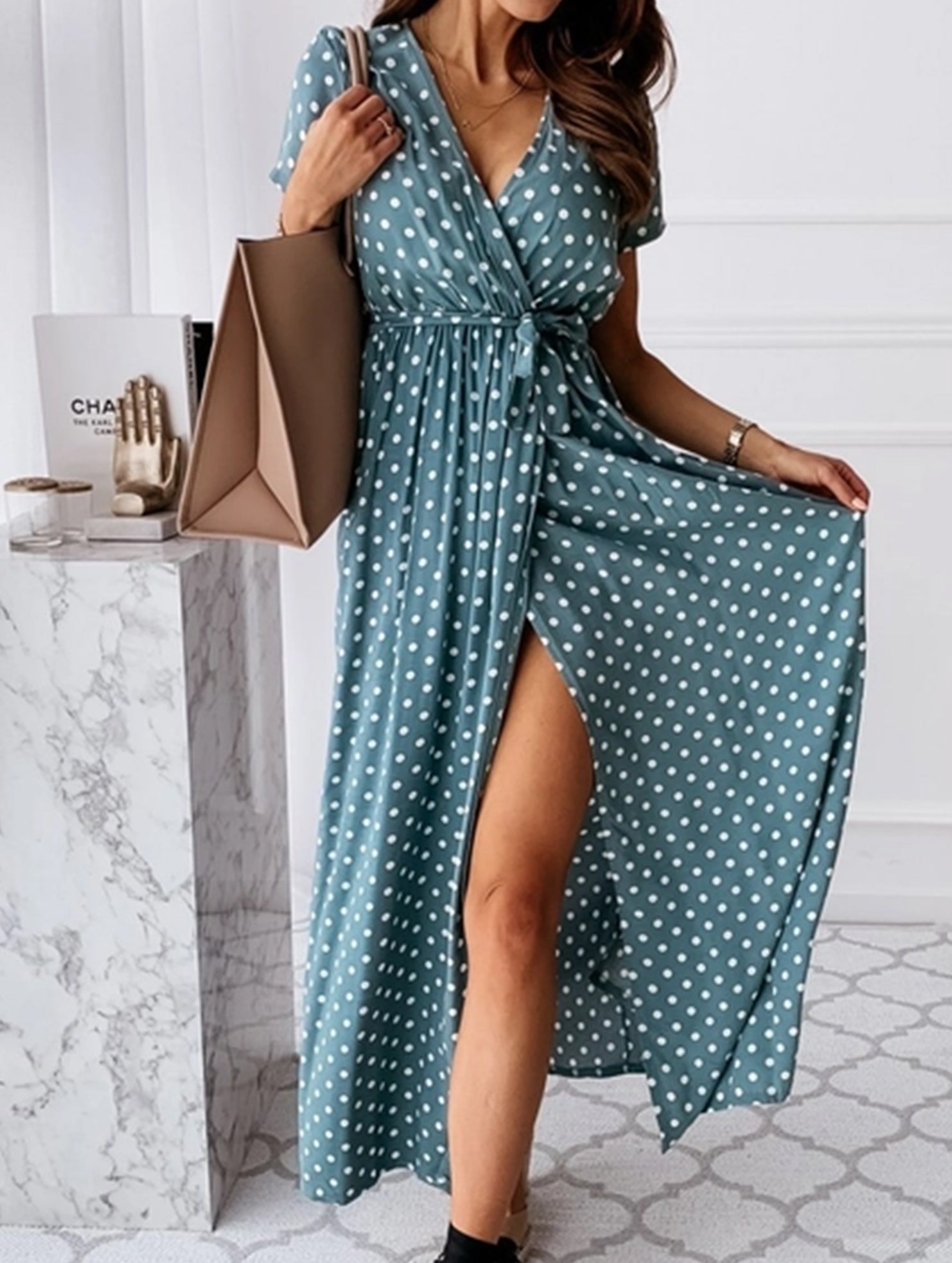 Bohemian V-Neck Polka Dot Dress – Short Sleeve, Flowy Fit, S–3XL
