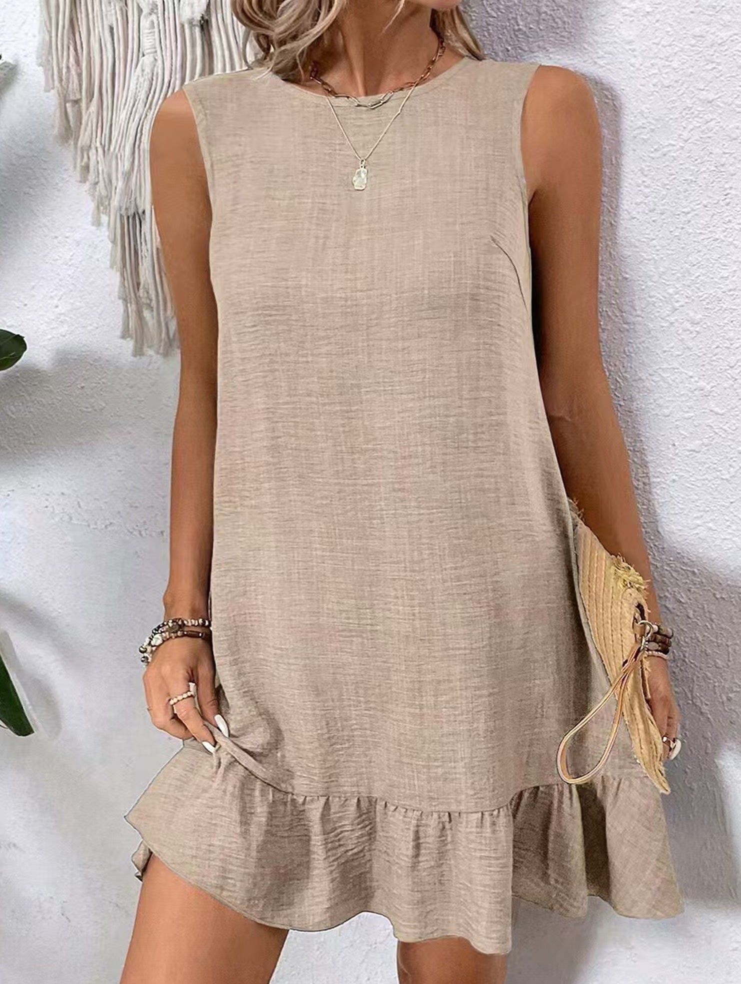 Casual tank solid color dress with lace ruffles