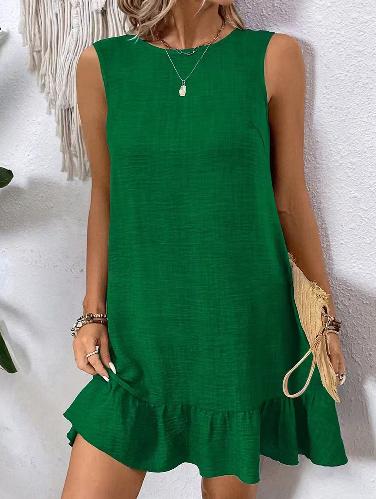 Casual tank solid color dress with lace ruffles