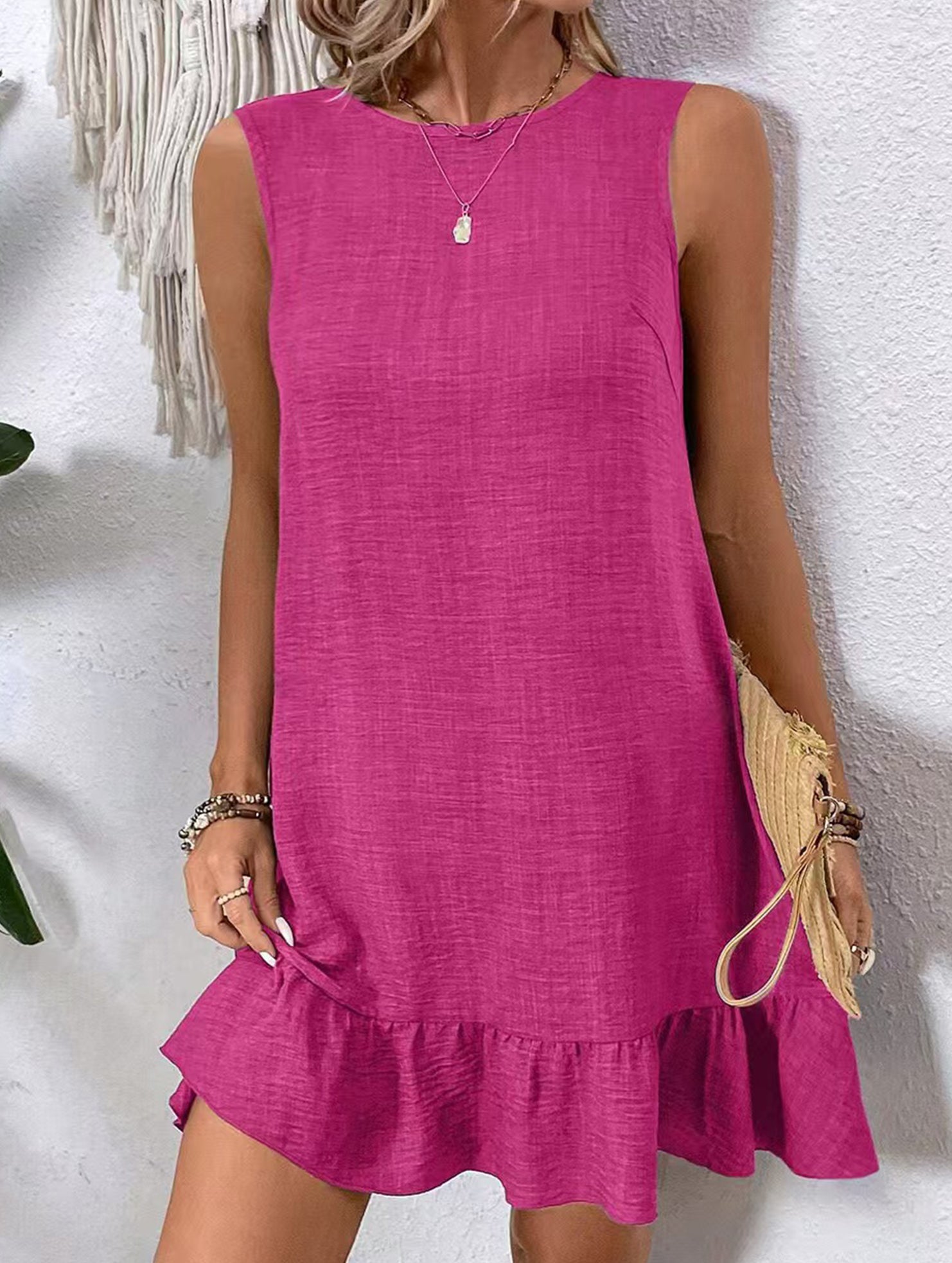Casual tank solid color dress with lace ruffles