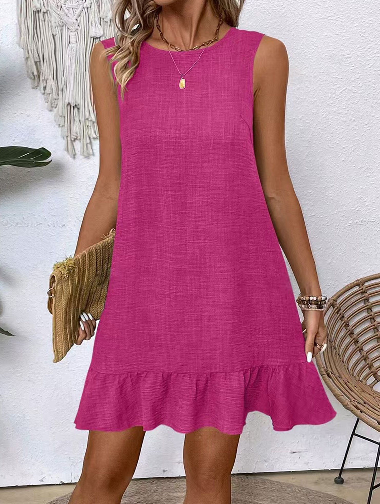 Casual tank solid color dress with lace ruffles