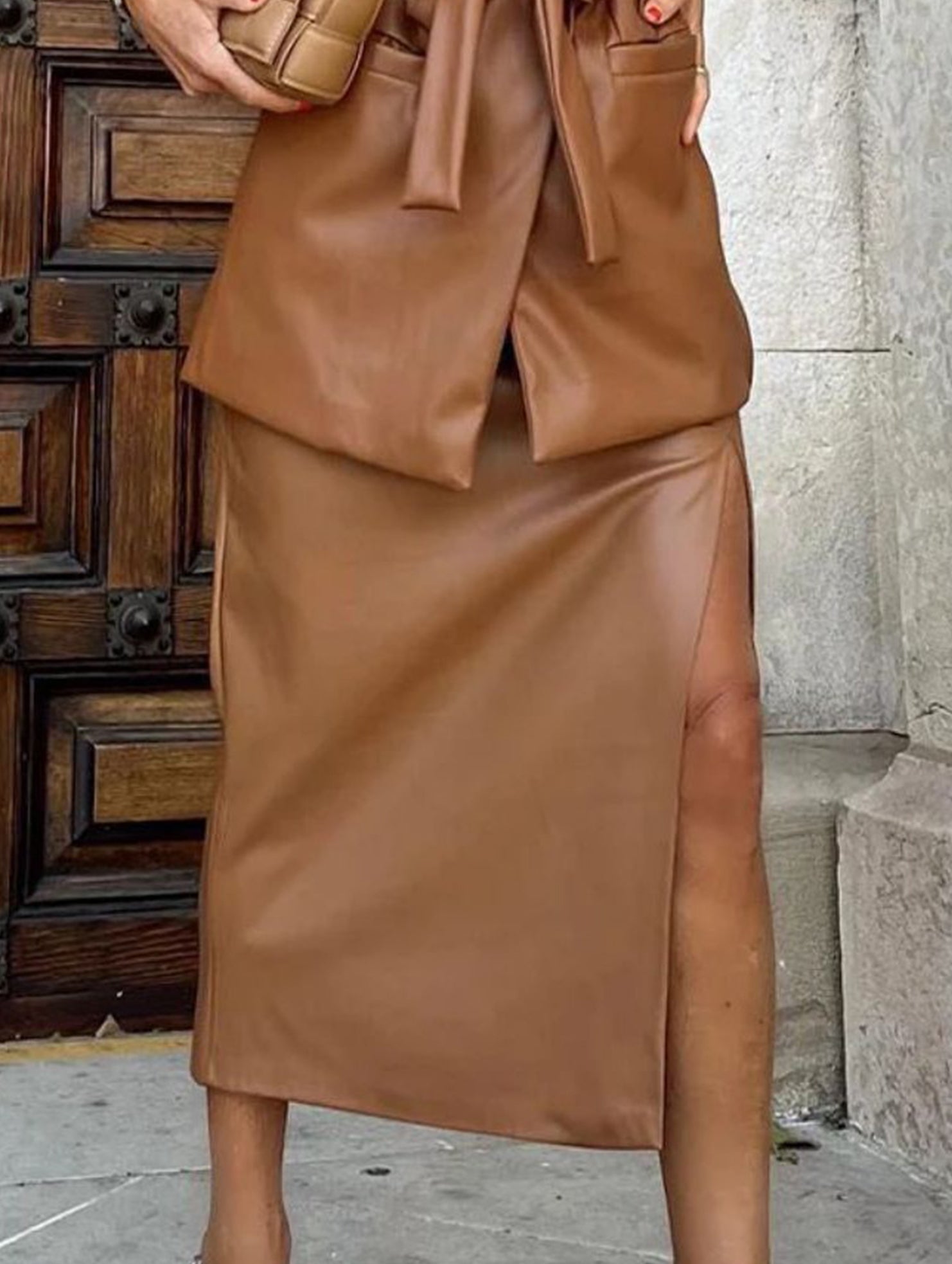 Retro high-waisted leather slit midi skirt