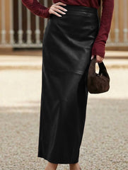High Waist PU Leather Slit Pencil Skirt_CWDTD00548