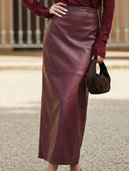 High Waist PU Leather Slit Pencil Skirt_CWDTD00548