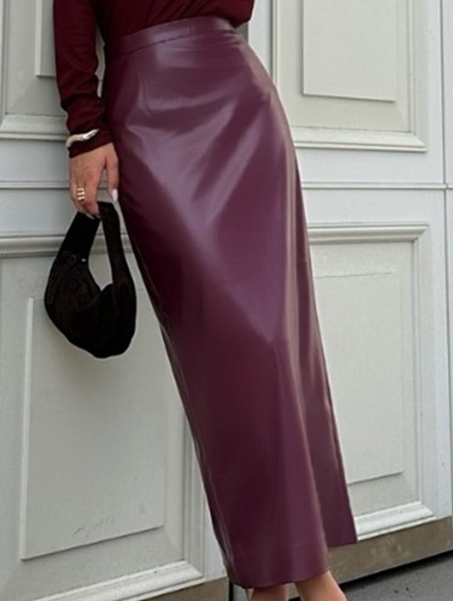 High Waist PU Leather Slit Pencil Skirt_CWDTD00548