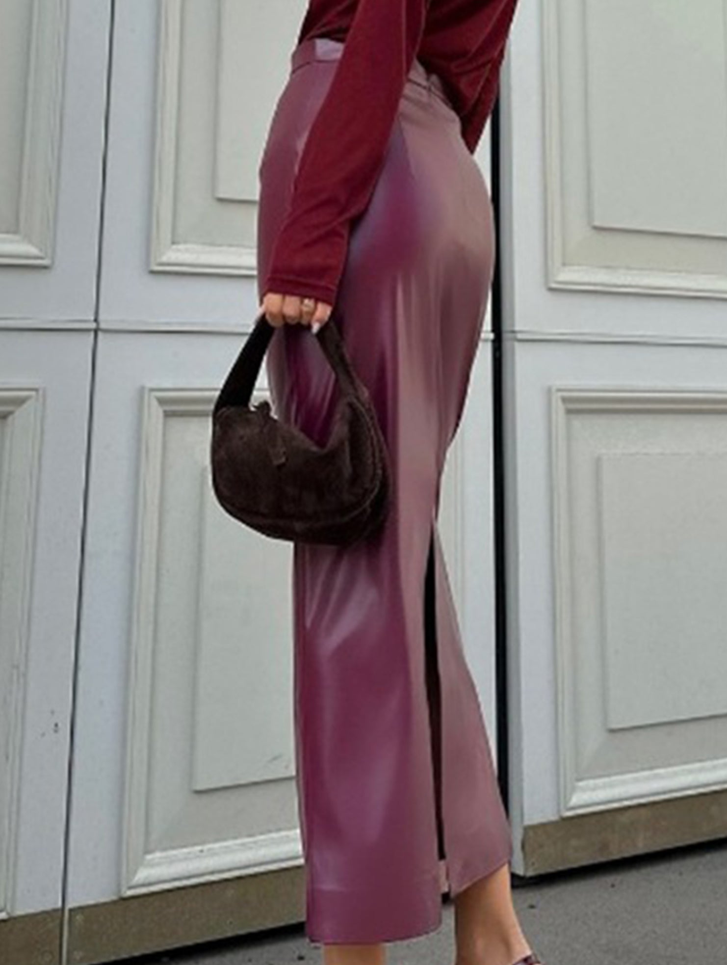 High Waist PU Leather Slit Pencil Skirt_CWDTD00548