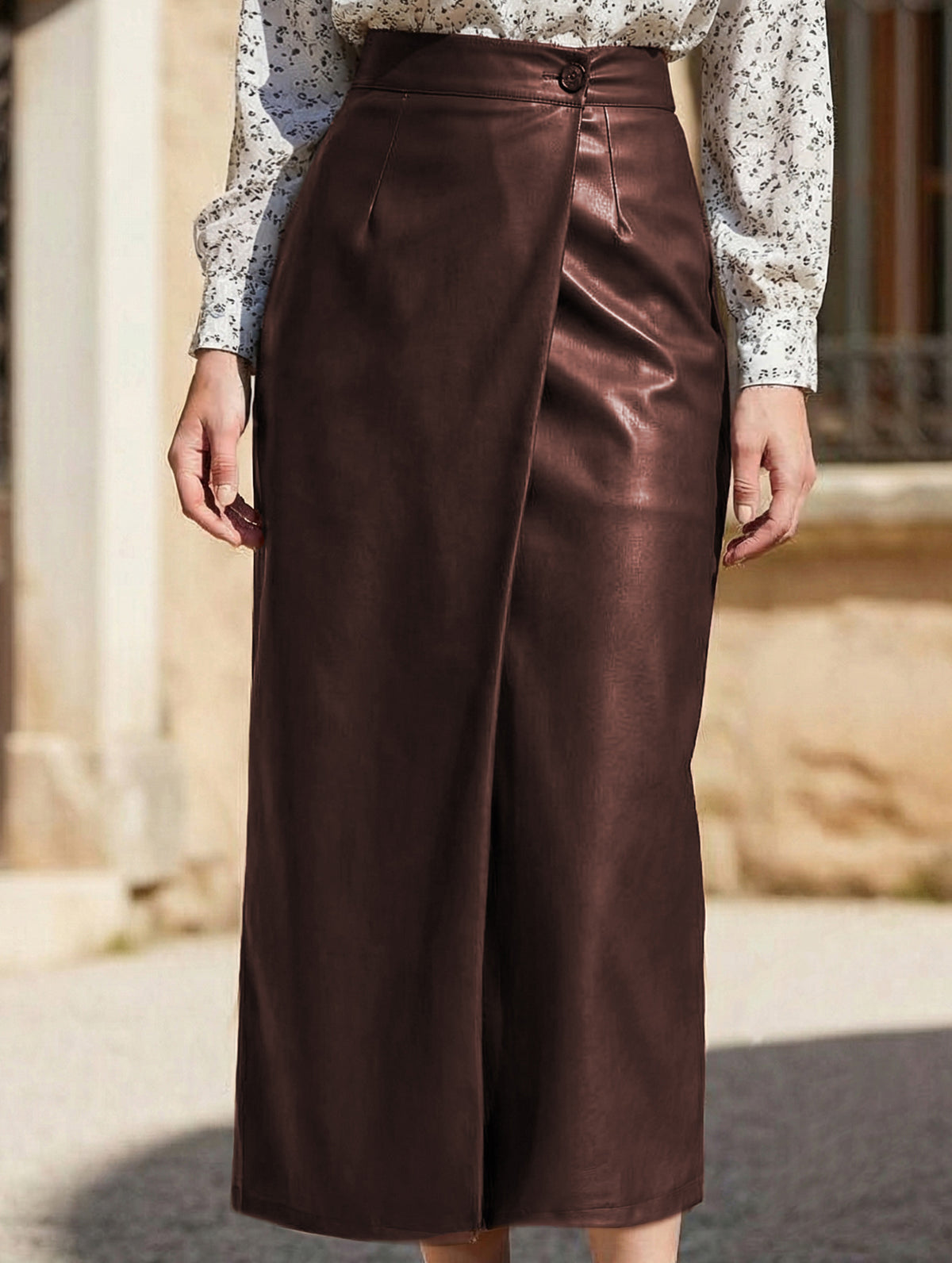 Women PU High Waist Slit Midi Skirt_CWDTD00549