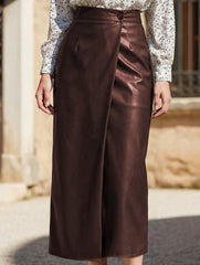 Women PU High Waist Slit Midi Skirt_CWDTD00549