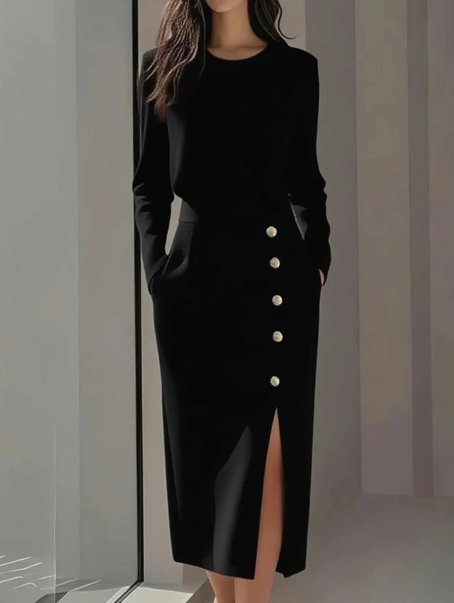 Long Sleeve Button Detail Slit Dress_CWDTD00550