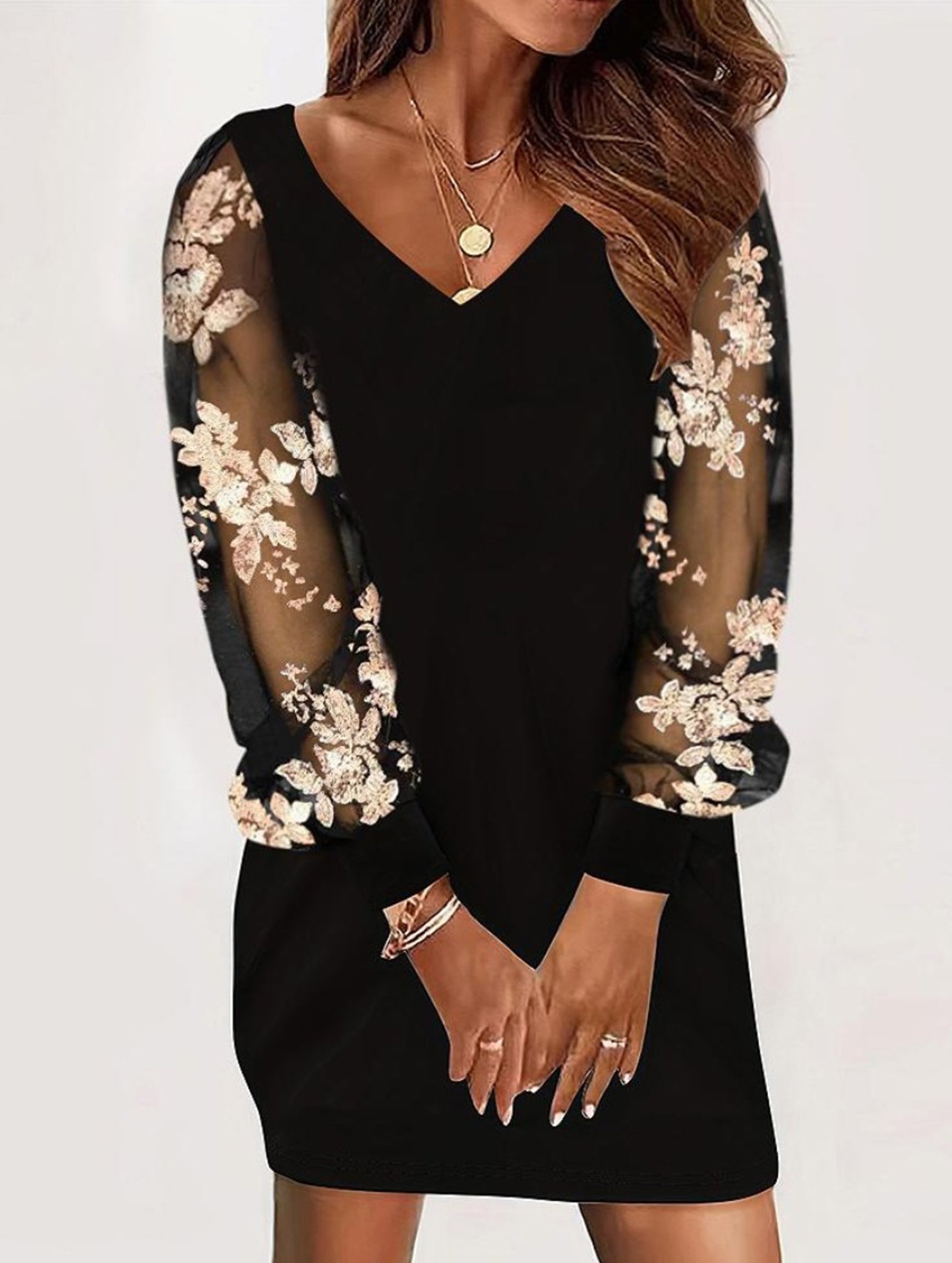 V Neck Lace Patchwork Printed Dress_CWDTD00554