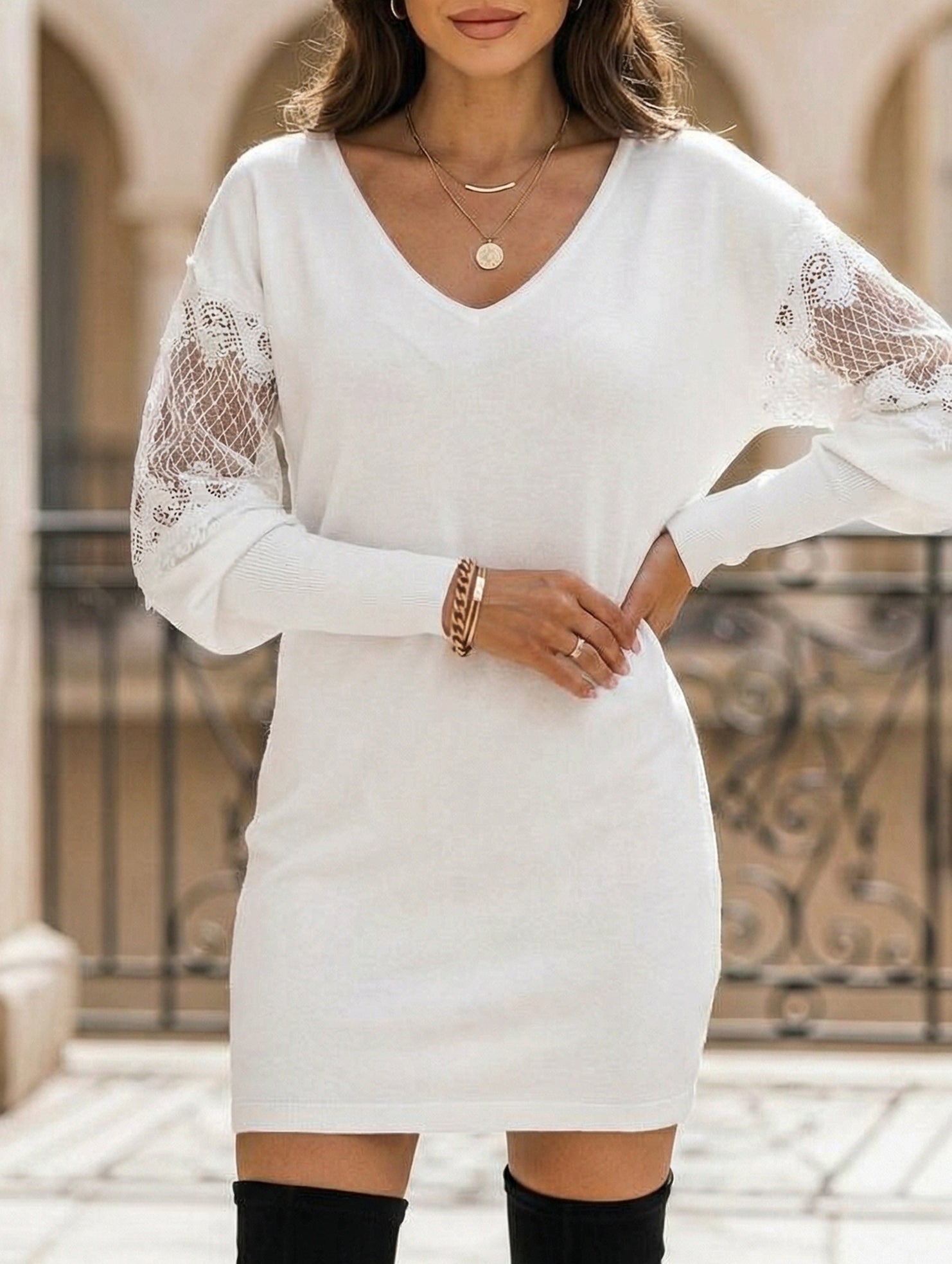 V Neck Lace Patchwork Printed Dress_CWDTD00554