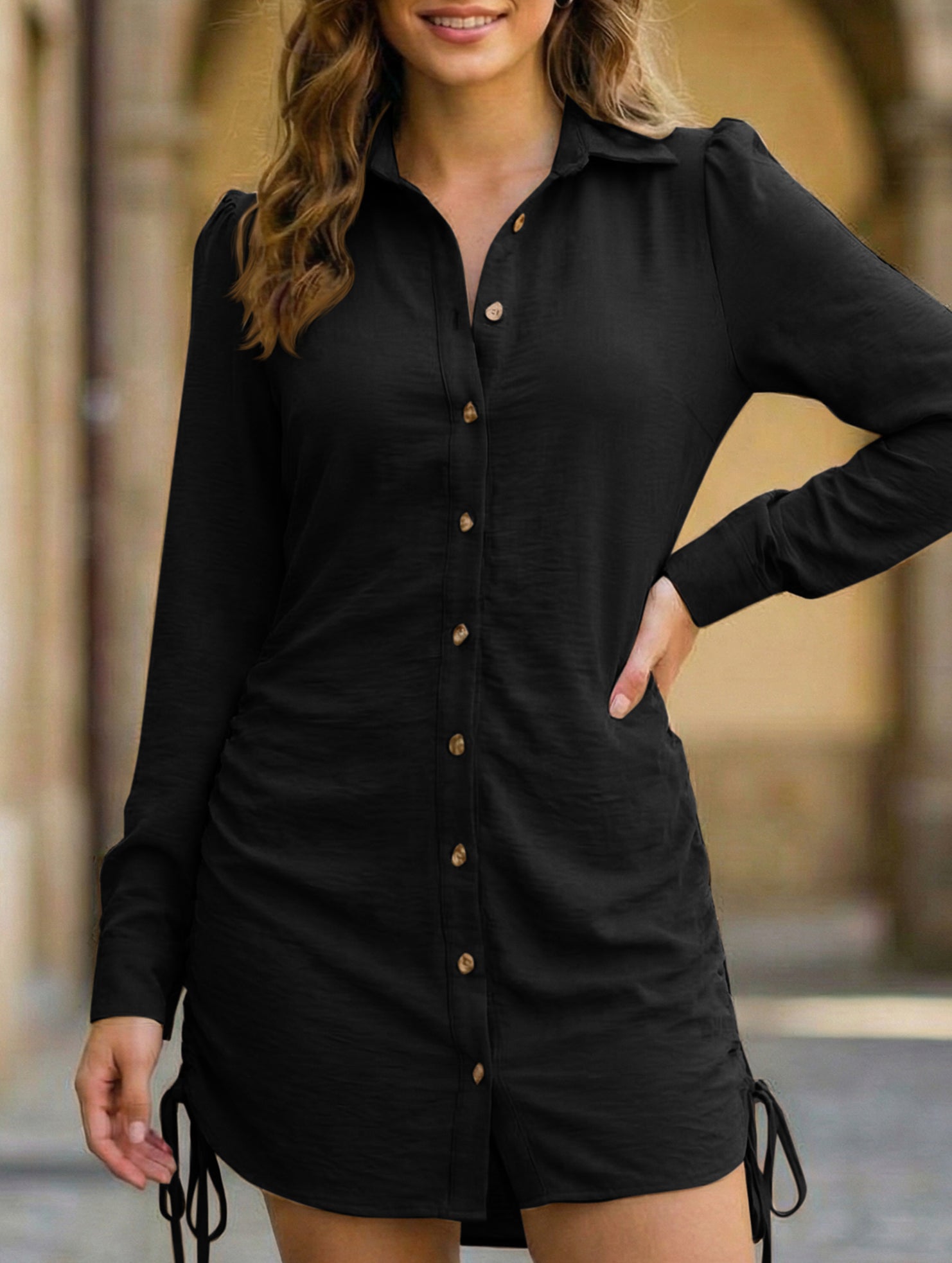 Solid Color Drawstring Long Sleeve Dress_CWDTD00557