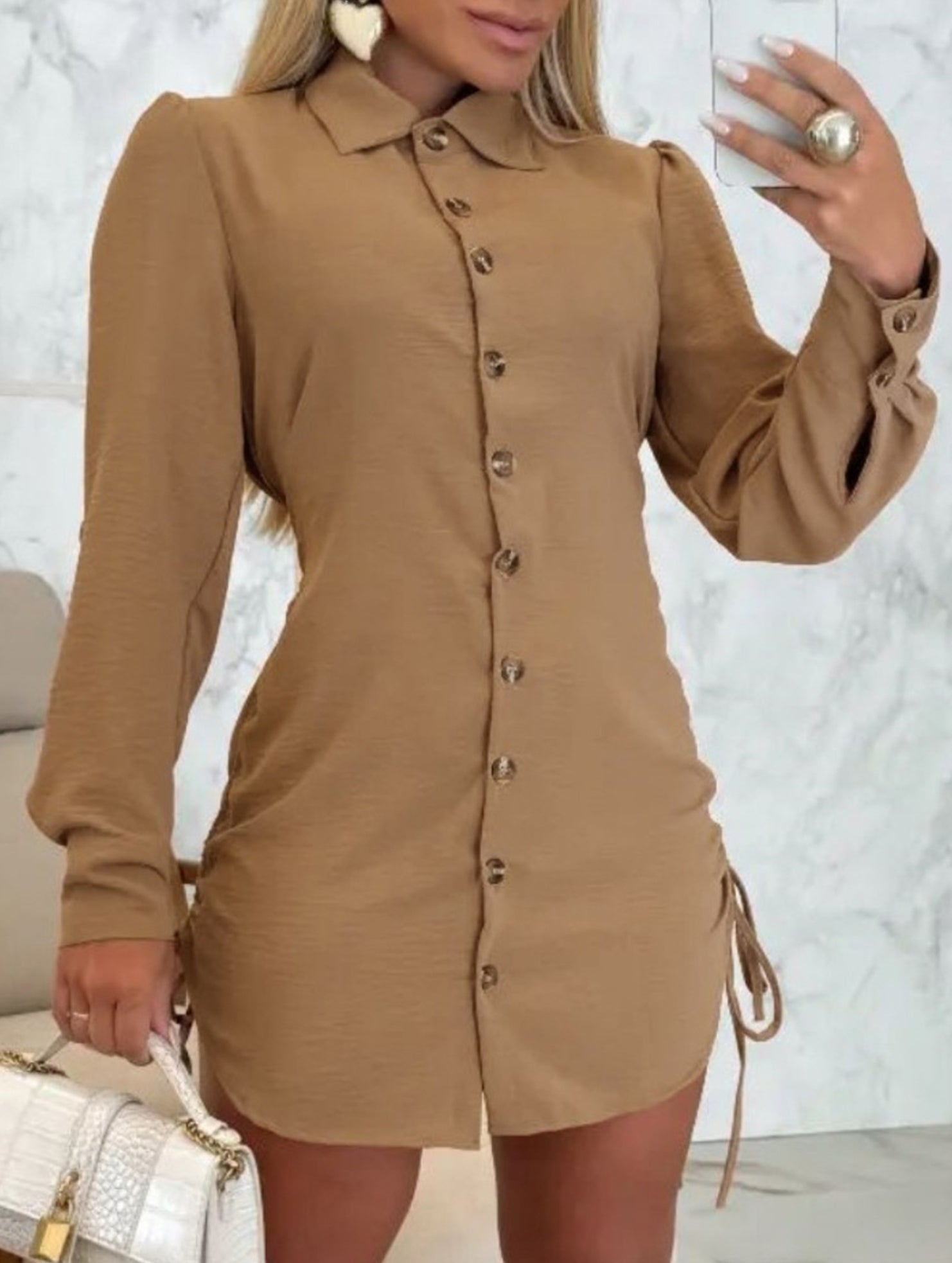Solid Color Drawstring Long Sleeve Dress_CWDTD00557