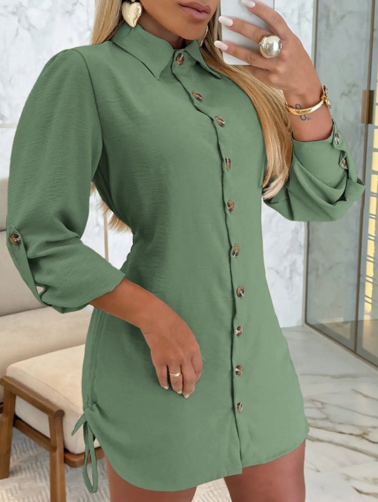 Solid Color Drawstring Long Sleeve Dress_CWDTD00557