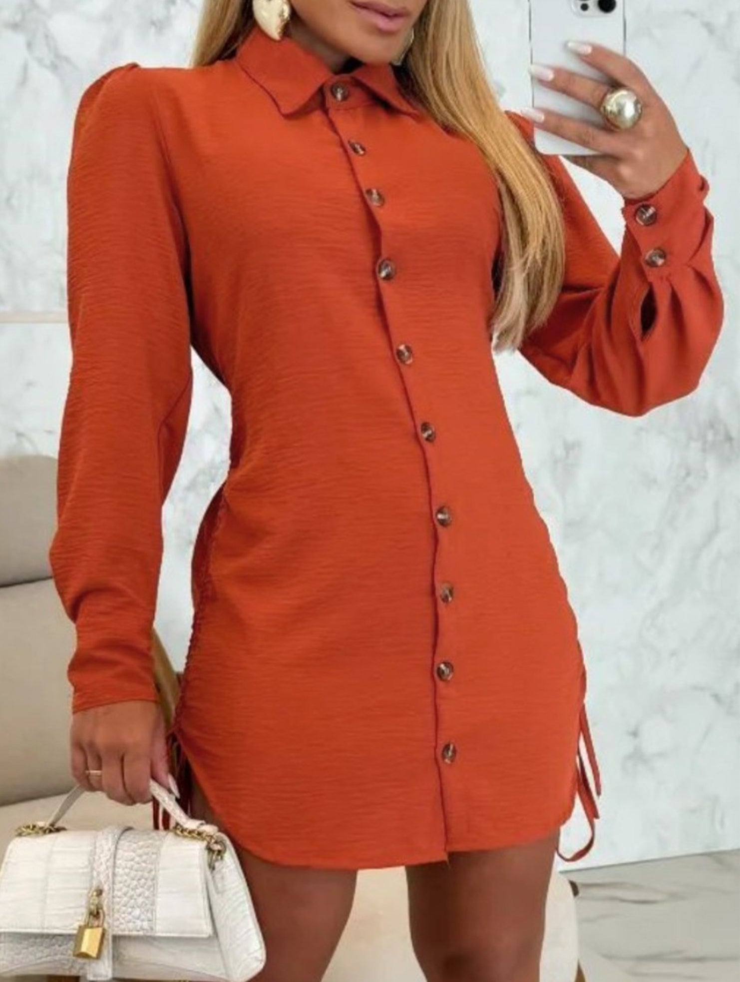 Solid Color Drawstring Long Sleeve Dress_CWDTD00557