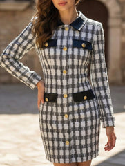 Tweed Plaid Faux Leather Collar Midi Dress_CWDTD00570