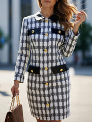 Tweed Plaid Faux Leather Collar Midi Dress_CWDTD00570