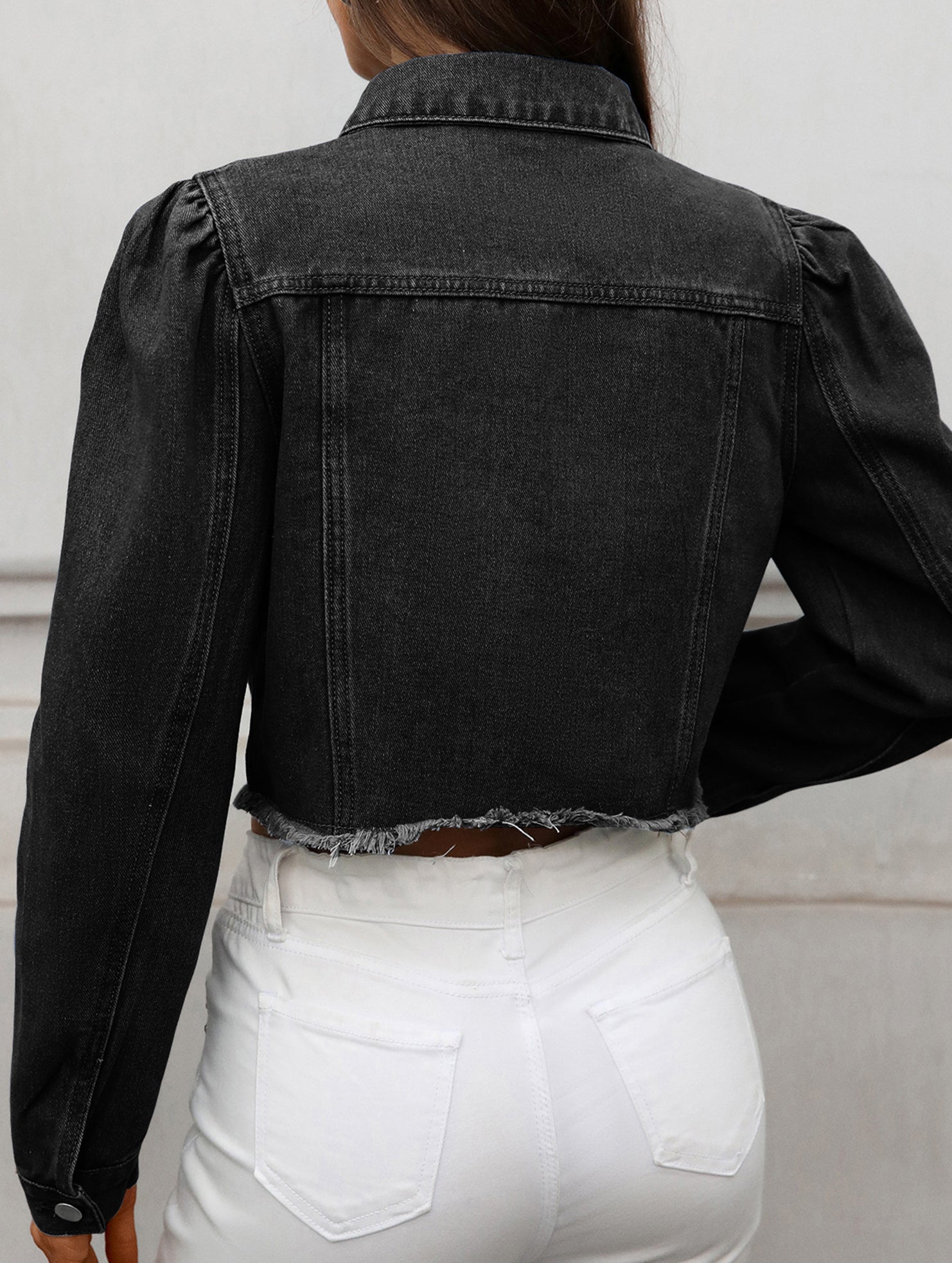 Washed casual raw-edge cropped denim jacket
