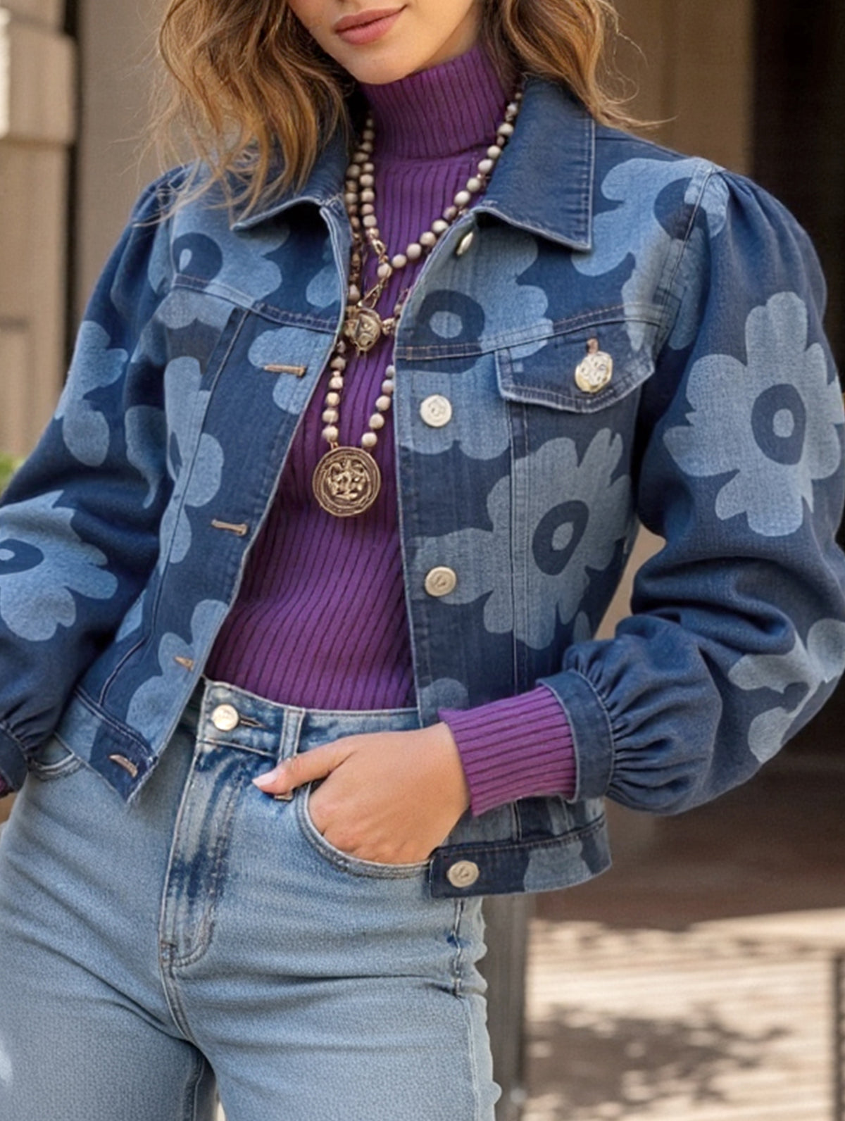 Retro print collared short jacket