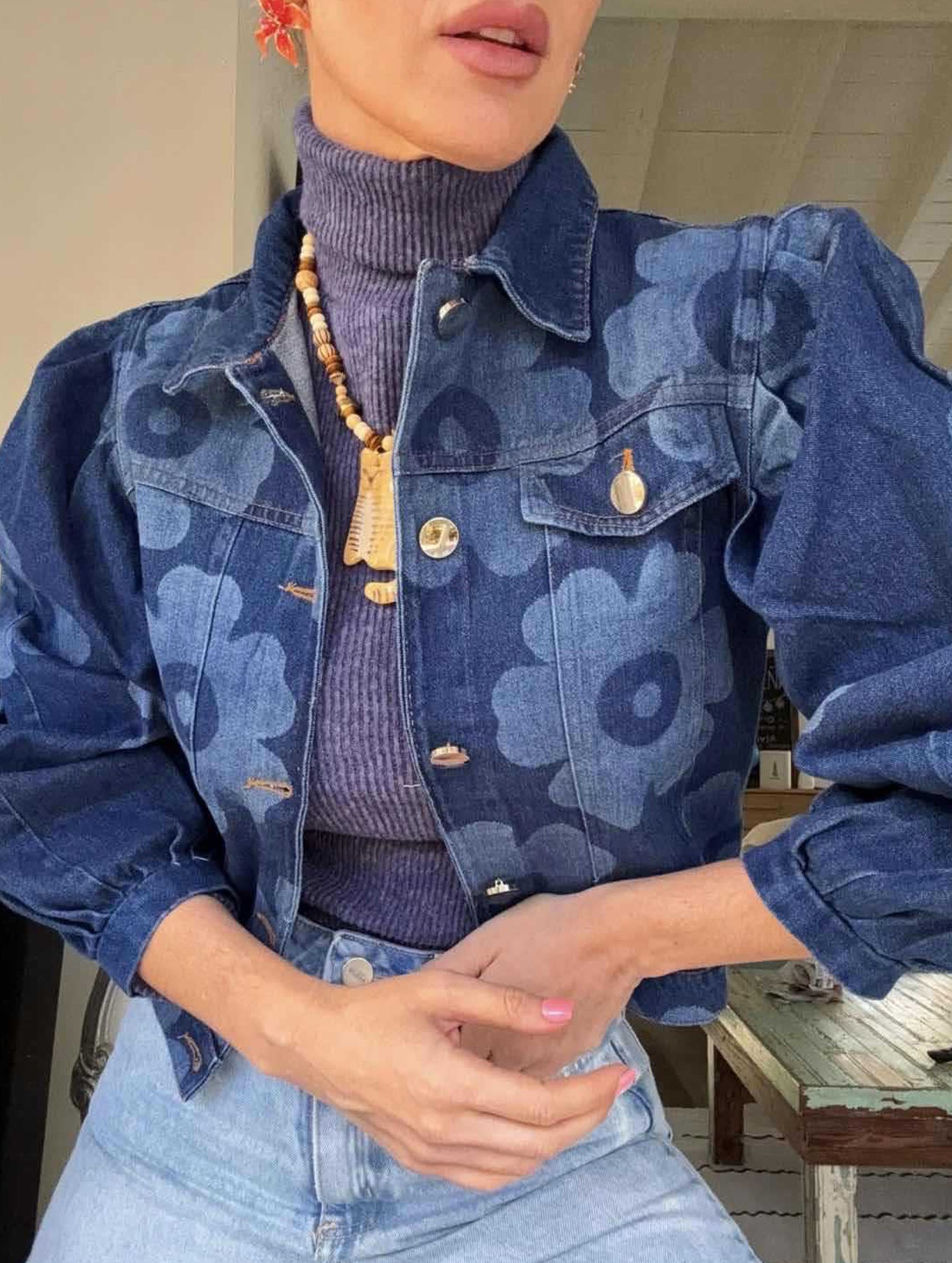 Retro print collared short jacket