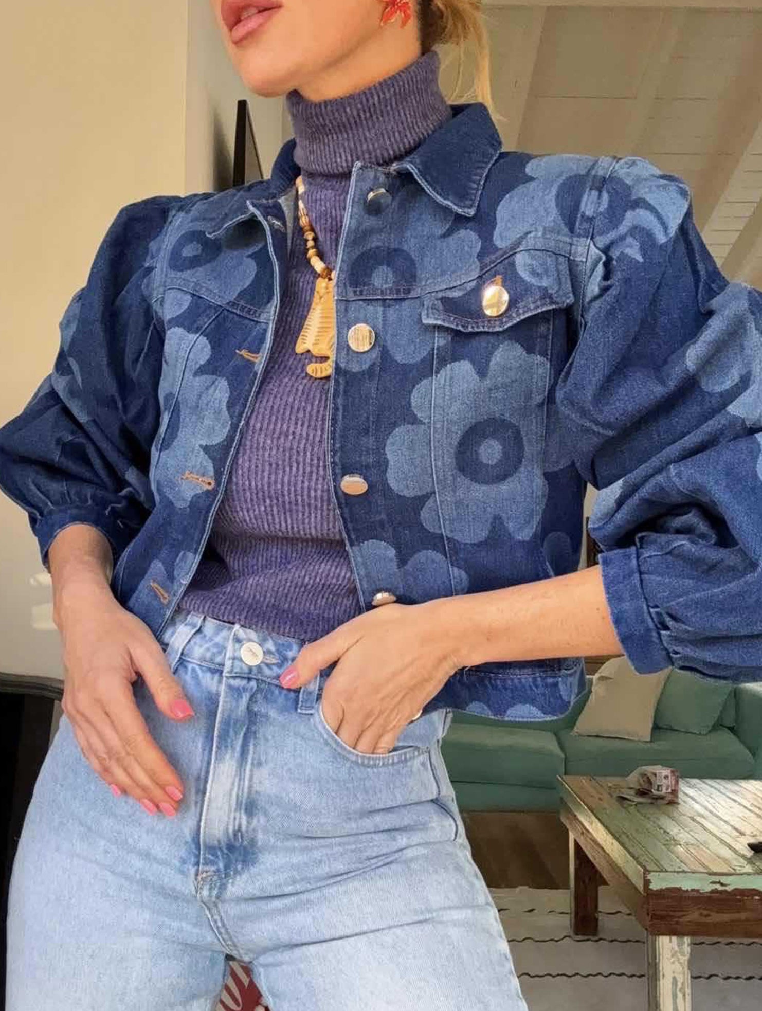 Retro print collared short jacket