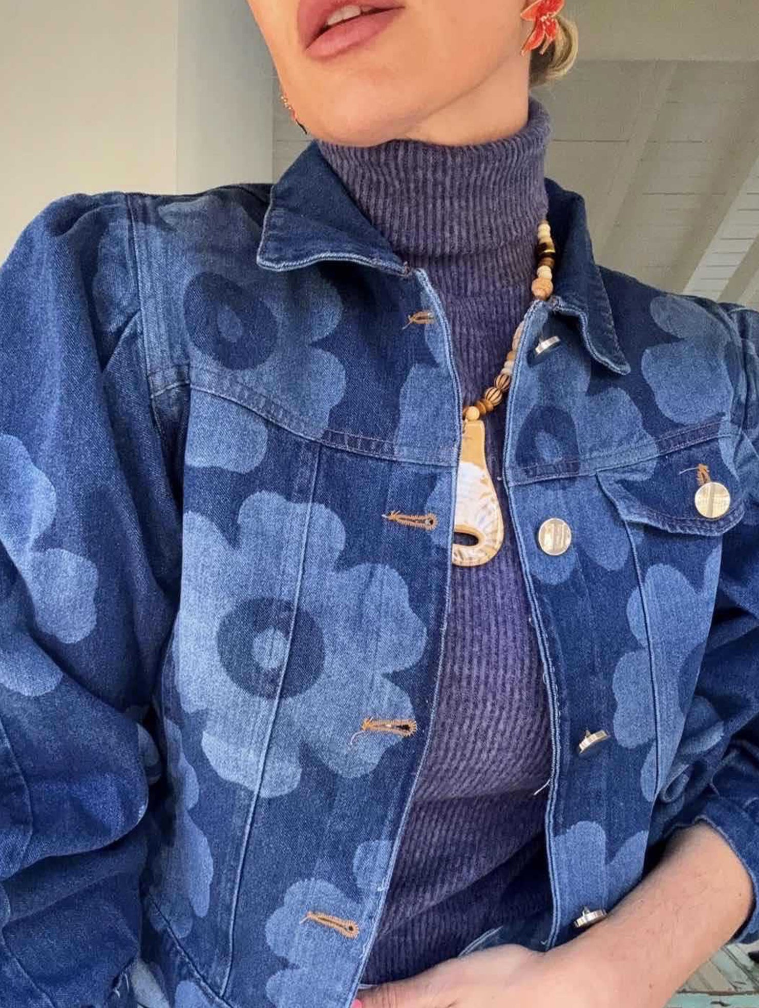 Retro print collared short jacket