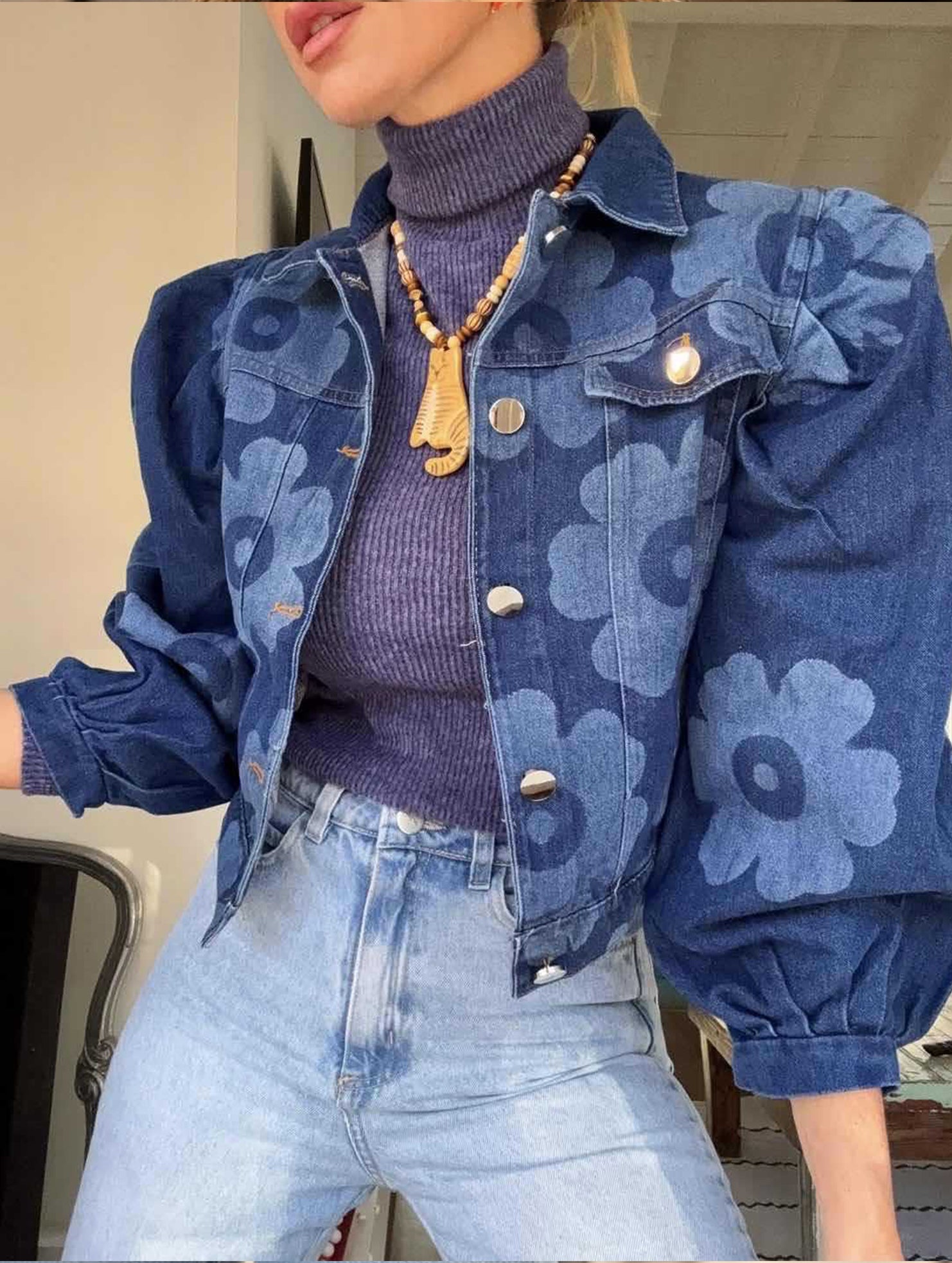 Retro print collared short jacket