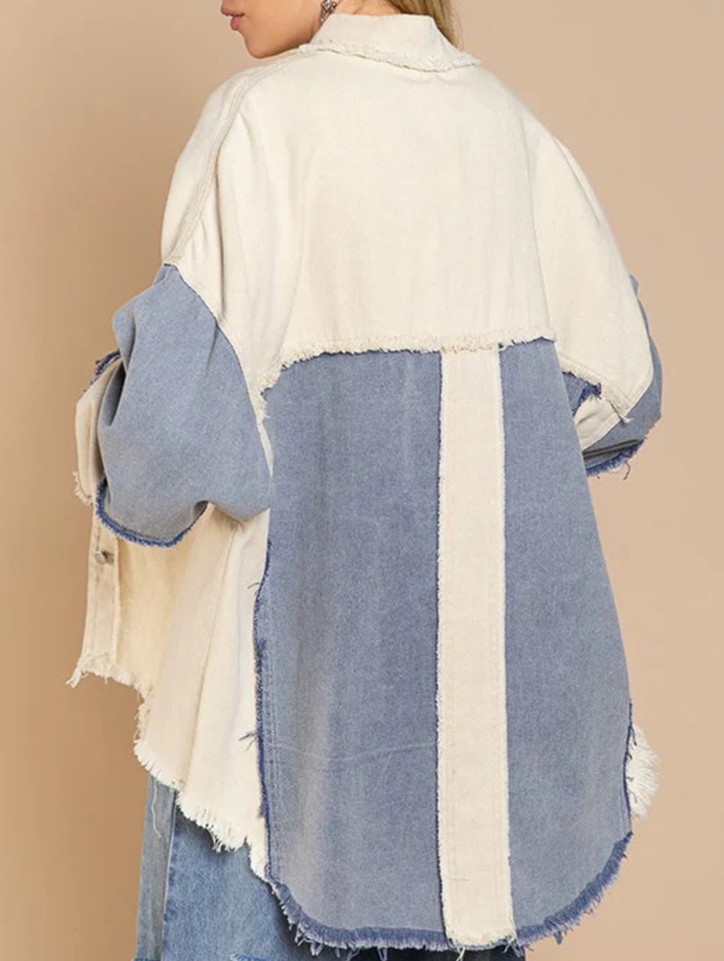 Retro washed color-blocked frayed denim jacket for women_CWJJ00136