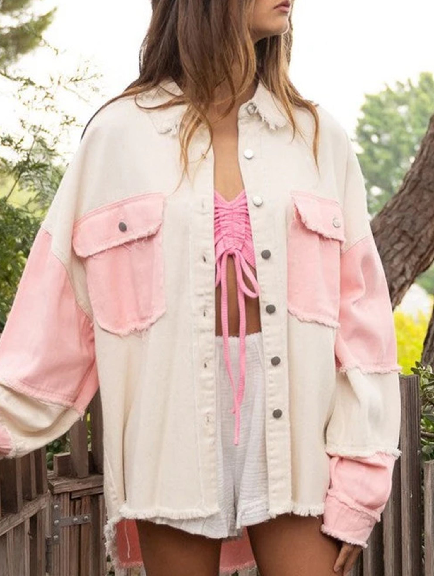 Retro washed color-blocked frayed denim jacket for women_CWJJ00136