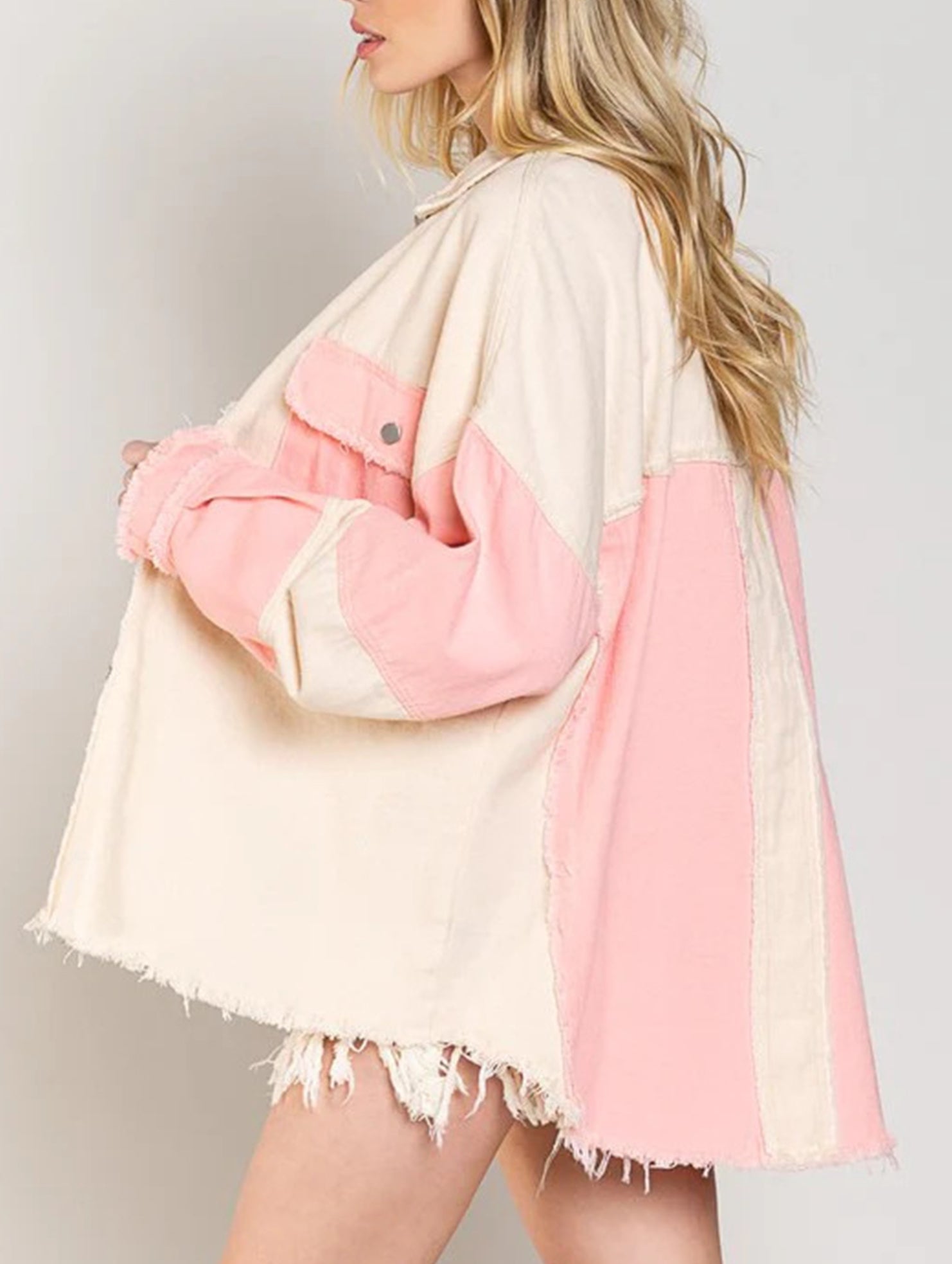 Retro washed color-blocked frayed denim jacket for women_CWJJ00136