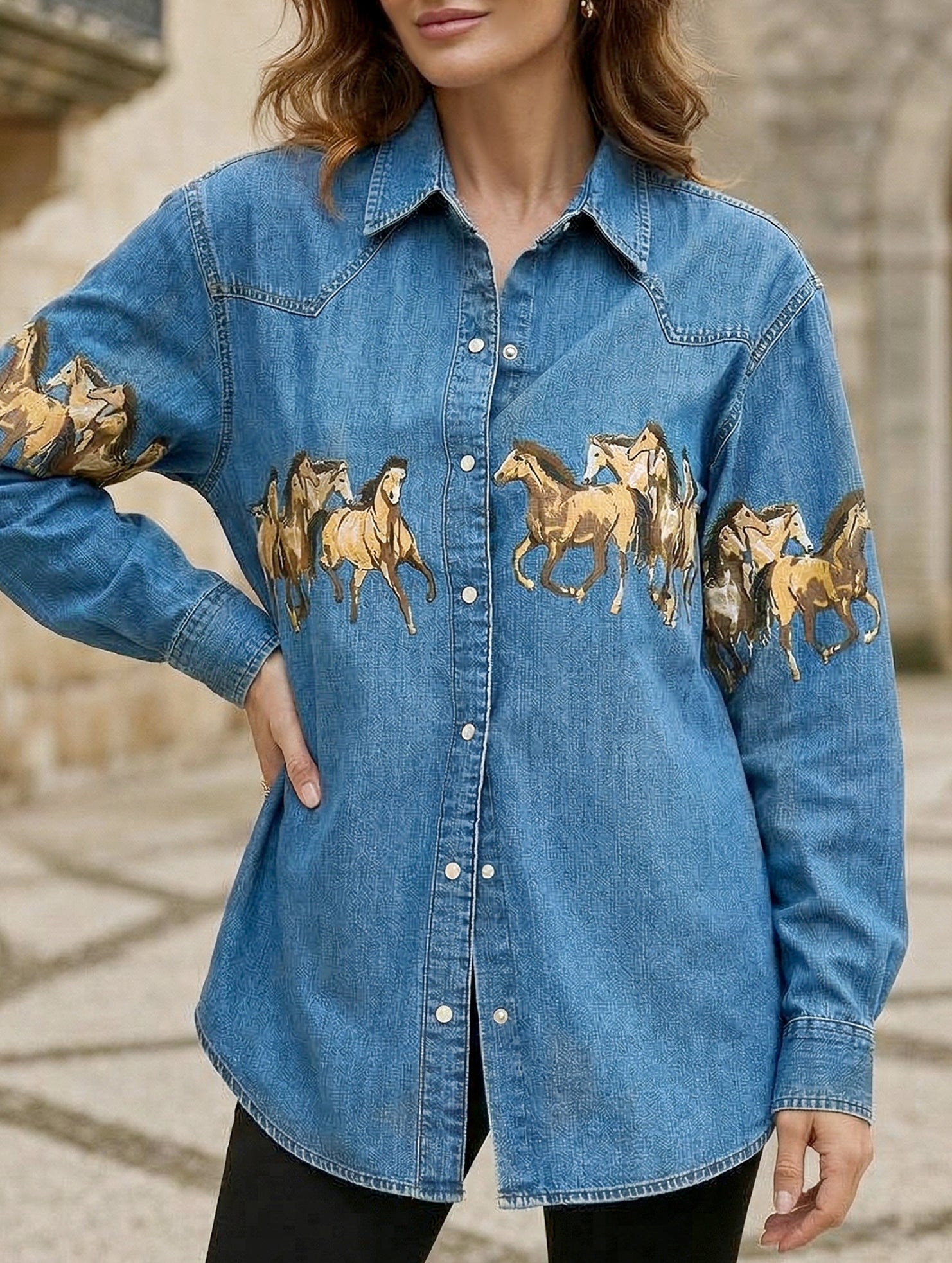 Horse Print Denim Jacket Shirt