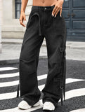 Multi-pocket lace-up wide-leg loose denim trousers