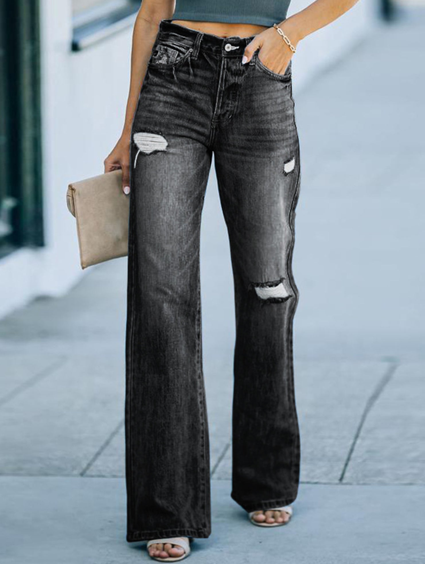 Casual ripped wide-leg jeans