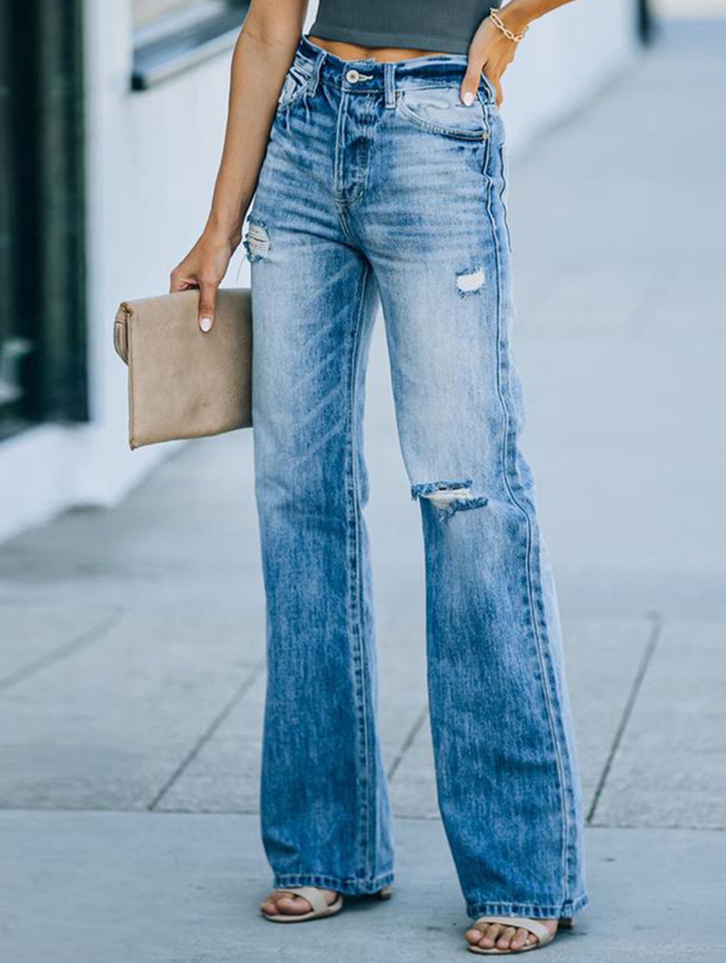 Casual ripped wide-leg jeans