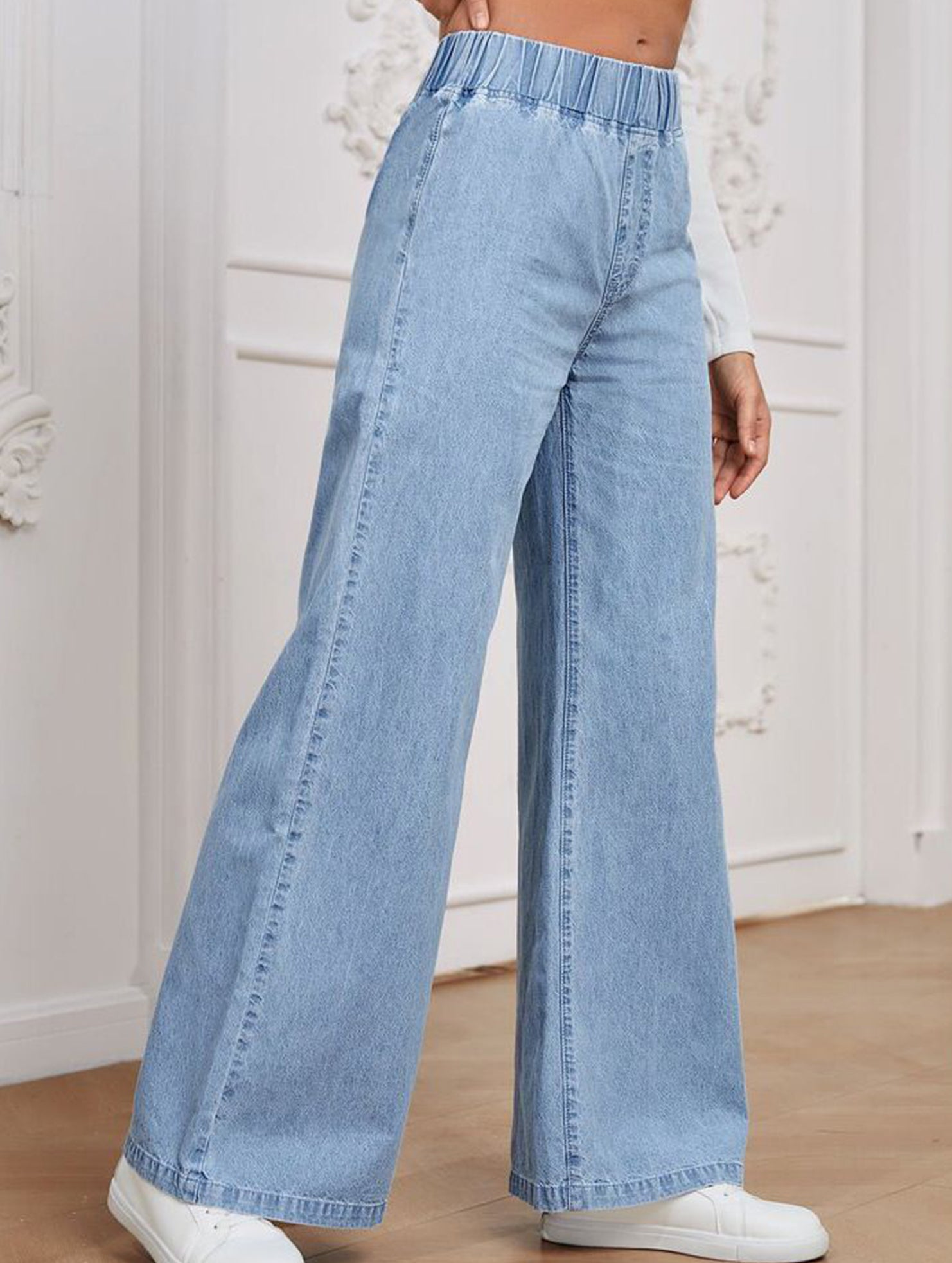 Wide-leg plus-size elastic waist jeans