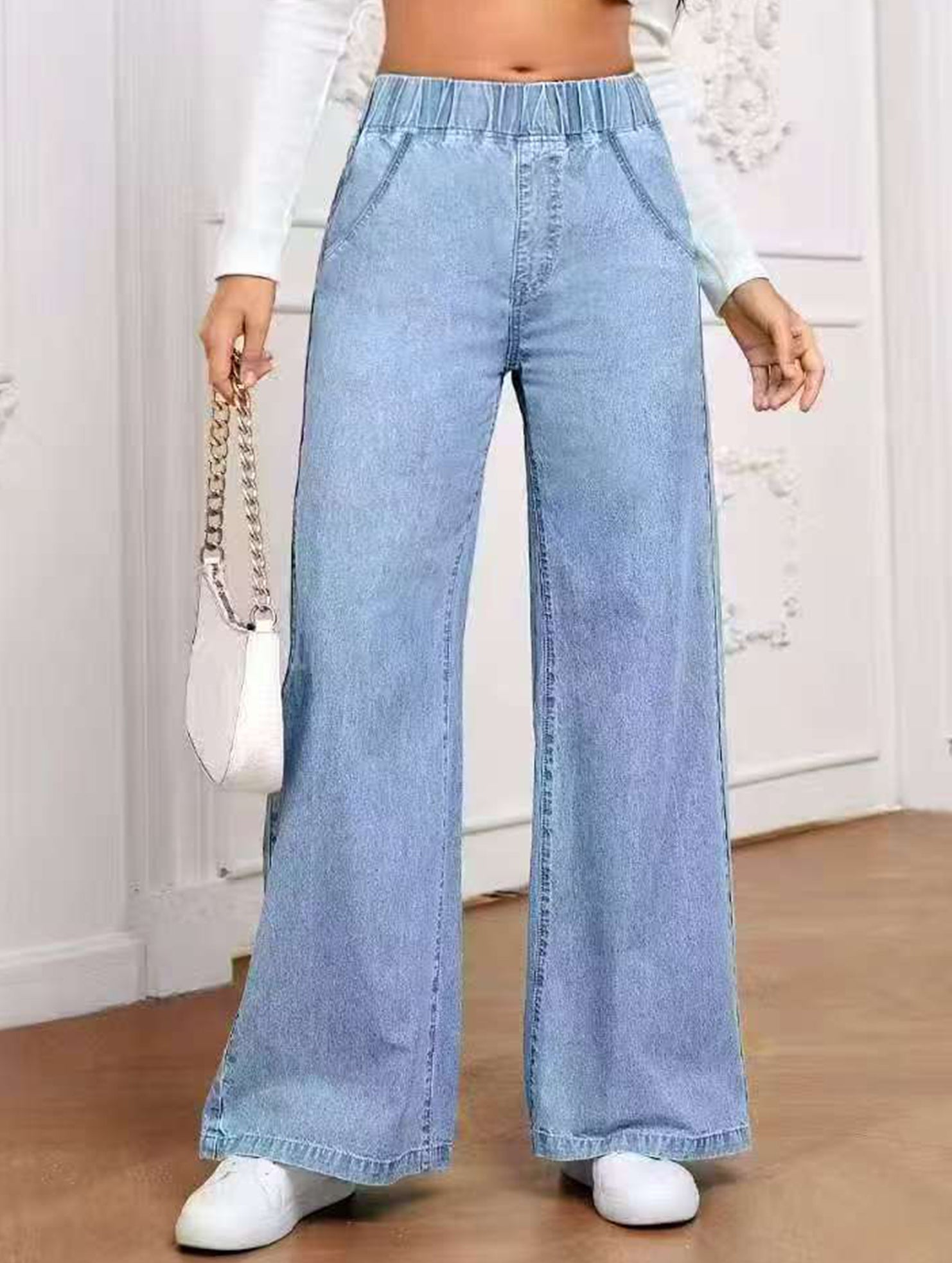 Wide-leg plus-size elastic waist jeans