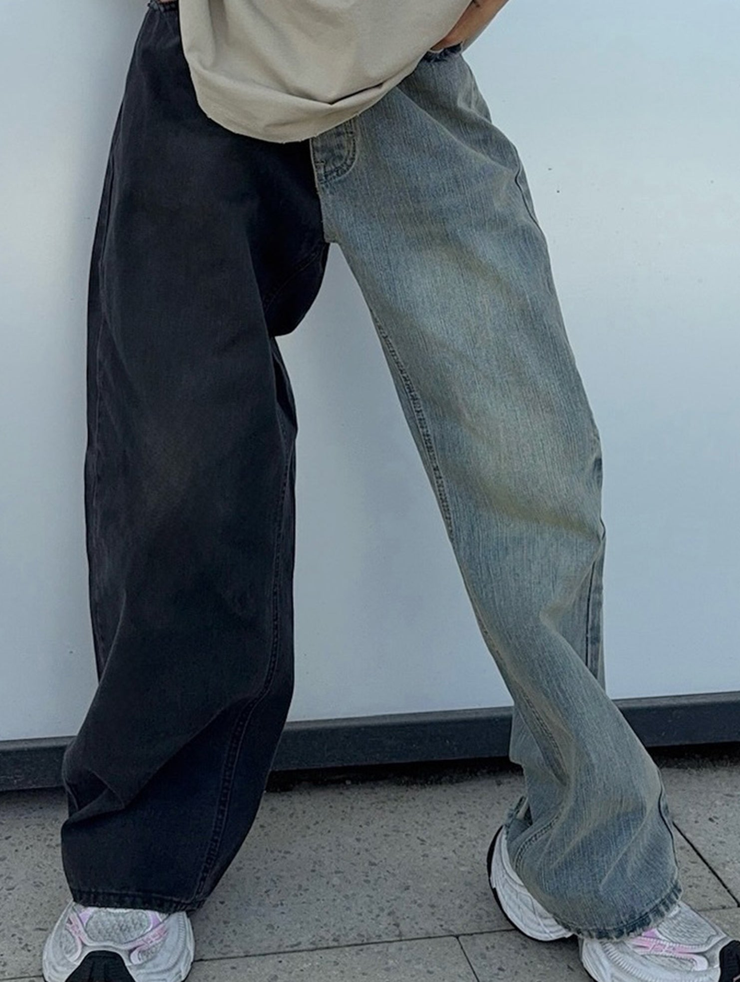 Versatile two-tone high-waisted straight leg pants