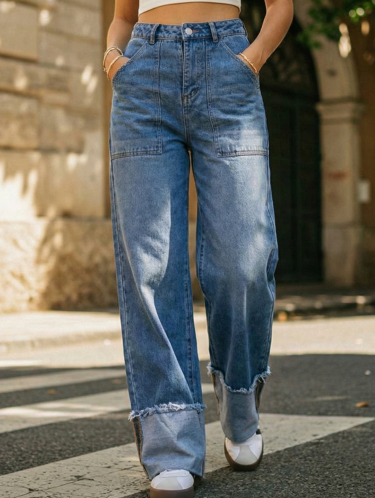 Women's high-waisted, rolled-up retro casual jeans_CWJP00871