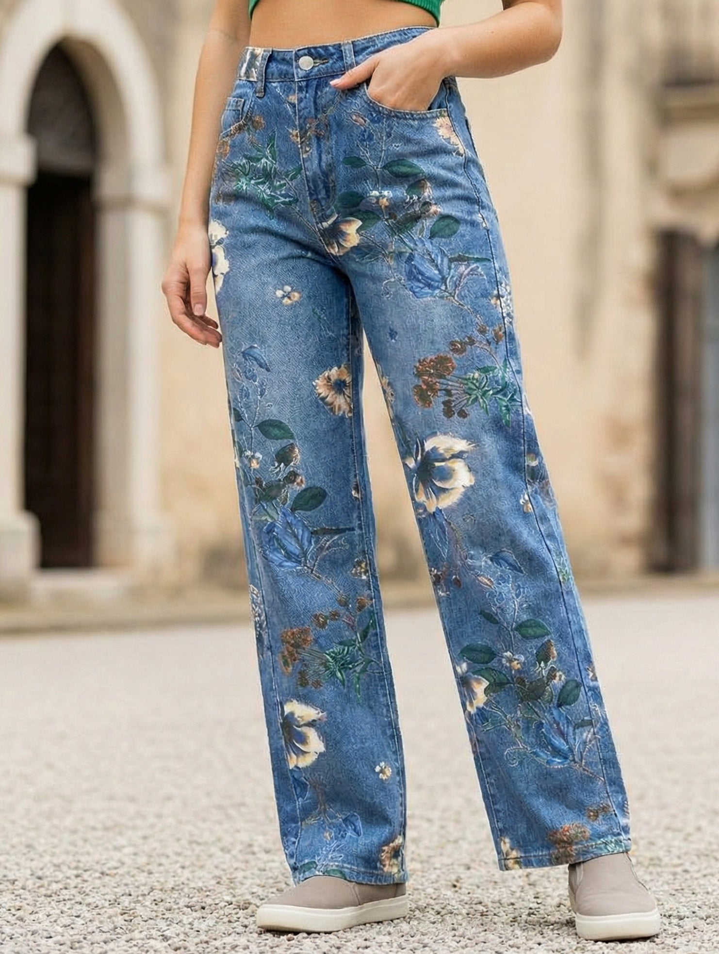 Floral pattern straight leg high-waisted jean_CWJP00876
