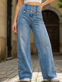 Women's high-waisted retro button-down jeans with slits_CWJP00877