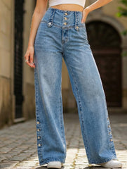 Women's high-waisted retro button-down jeans with slits_CWJP00877