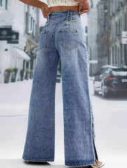 Women's high-waisted retro button-down jeans with slits_CWJP00877