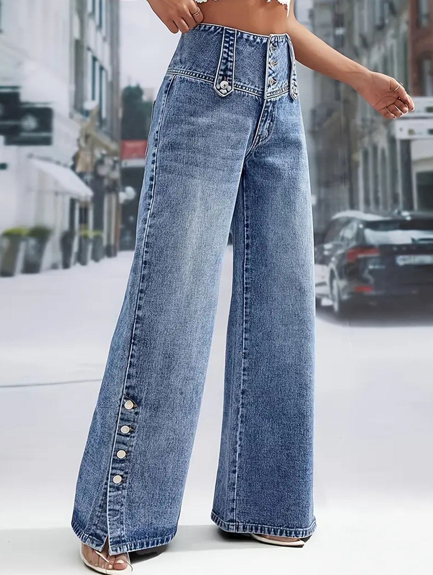 Women's high-waisted retro button-down jeans with slits_CWJP00877