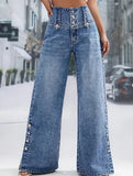 Women's high-waisted retro button-down jeans with slits_CWJP00877