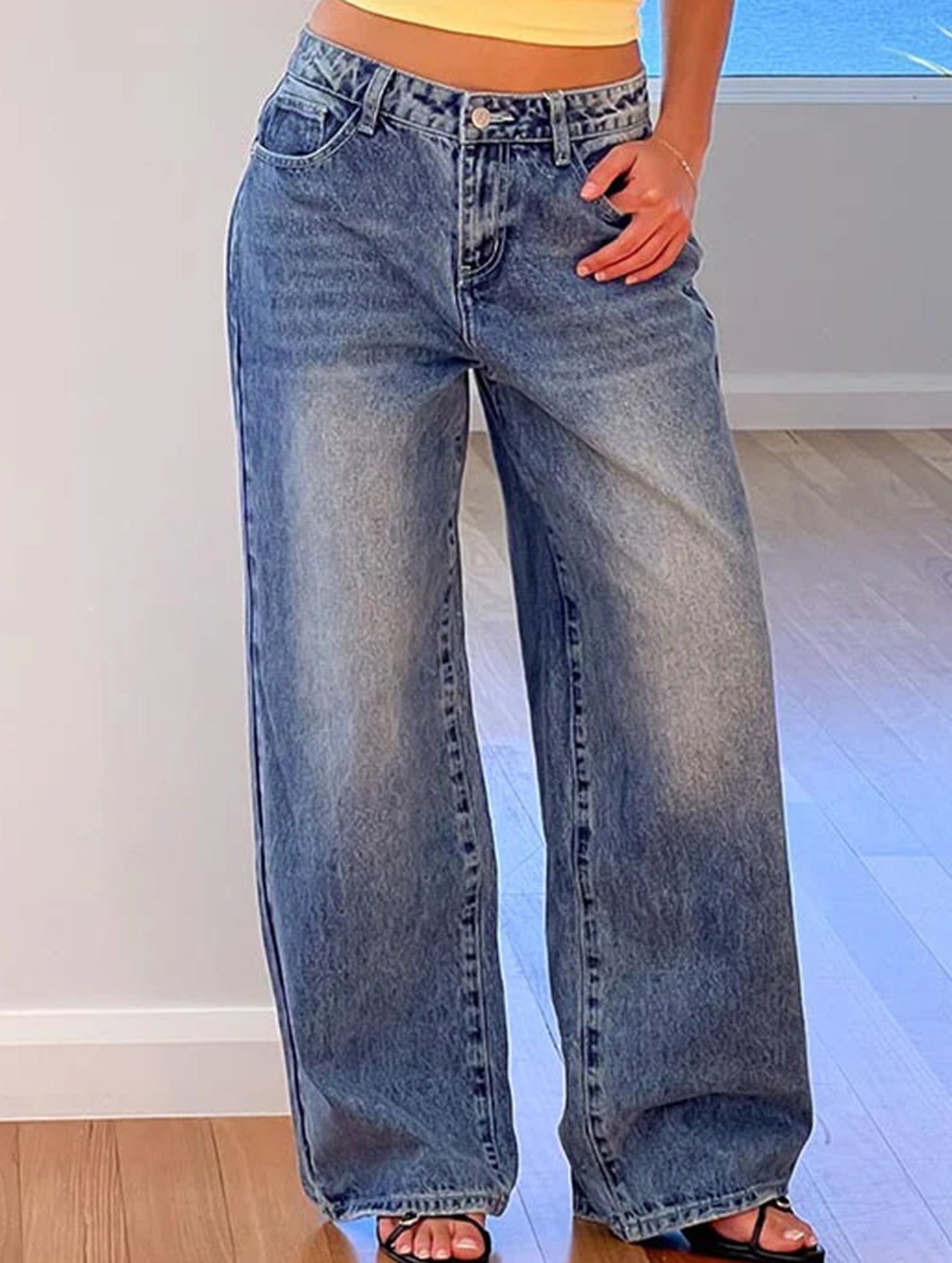 Retro washed heart-patterned wide-leg jeans for women_CWJP00880